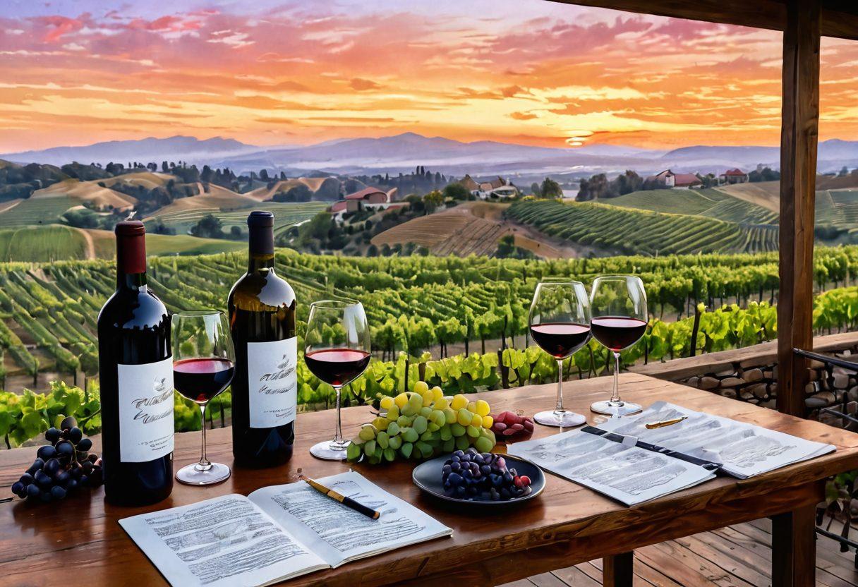 A picturesque vineyard landscape at sunset, with rolling hills covered in grapevines, showcasing various wine bottles and glasses elegantly arranged on a rustic wooden table. Include a sommelier taking notes while tasting wine, surrounded by graphical elements representing wine ratings and tasting notes. The warm glow of the sunset adds a romantic touch. watercolor style. vibrant colors.