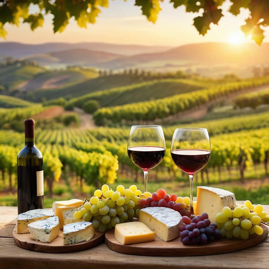 A serene vineyard landscape at sunset, showcasing vibrant rows of grapevines with different grape varieties. Include a rustic wooden table set with wine glasses and an assortment of cheeses. A soft-focus background of rolling hills and a quaint winery adds depth. Light reflects off the wine glasses, creating a warm and inviting atmosphere. super-realistic. vibrant colors. soft bokeh effect.